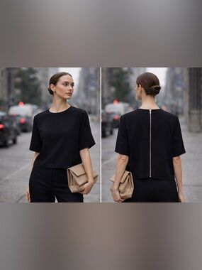 Everlane Women’s Black Boxy Triacetate Blouse Sz M Minimalist Zip Back Office
